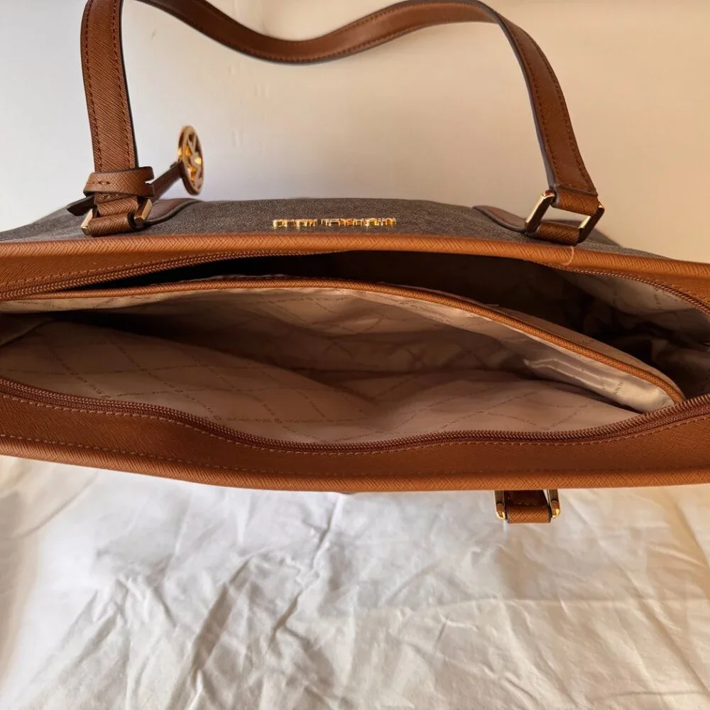 Michael Kors Sady Large Logo Canvas Top-Zip Laptop Travel Tote Brown - Picture 7 of 11